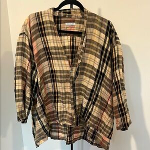 Women's Plaid Jacket linen Banana blue Australia buttons up 2 long sleeves. Top